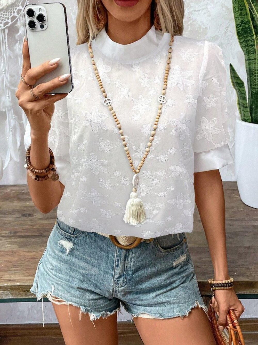 White Casual Women's Floral Printed Loose Top - Picture 4 of 8